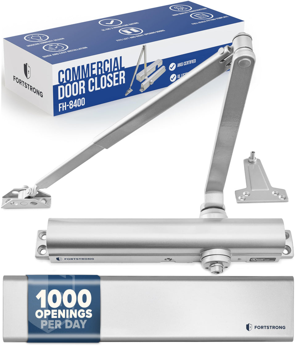 Fortstrong FH-8400 heavy-duty closer in silver front view for high-traffic entrances.