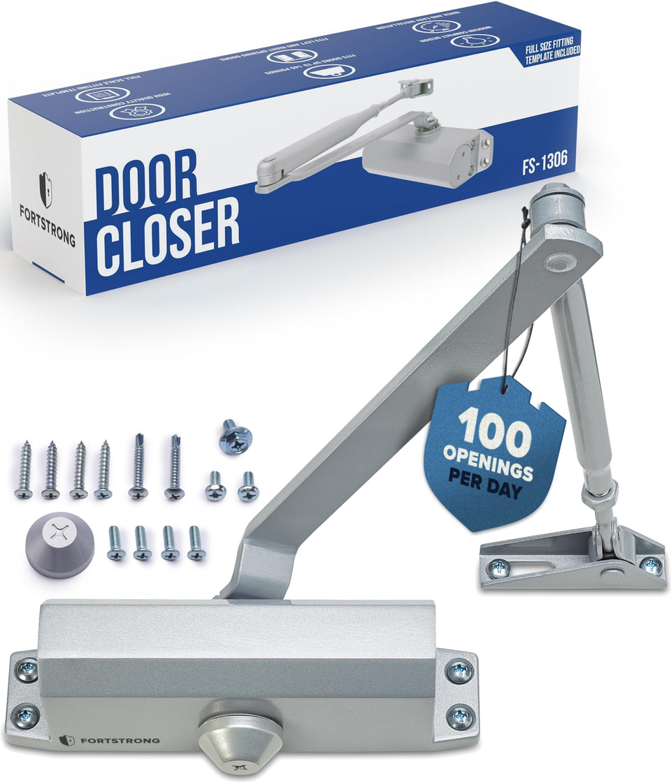 Fortstrong FS-1306 silver automatic door closer, front view for smooth no-slam operation.