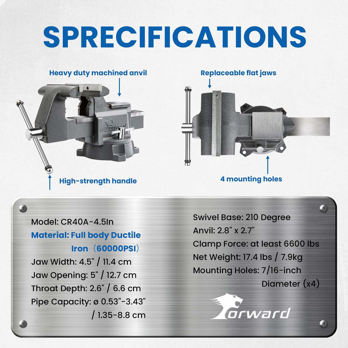 Forward CR40A large clamping area supports bigger workpieces securely