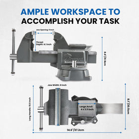 Forward CR80A bench vise highlights 104mm throat depth for precise clamping.