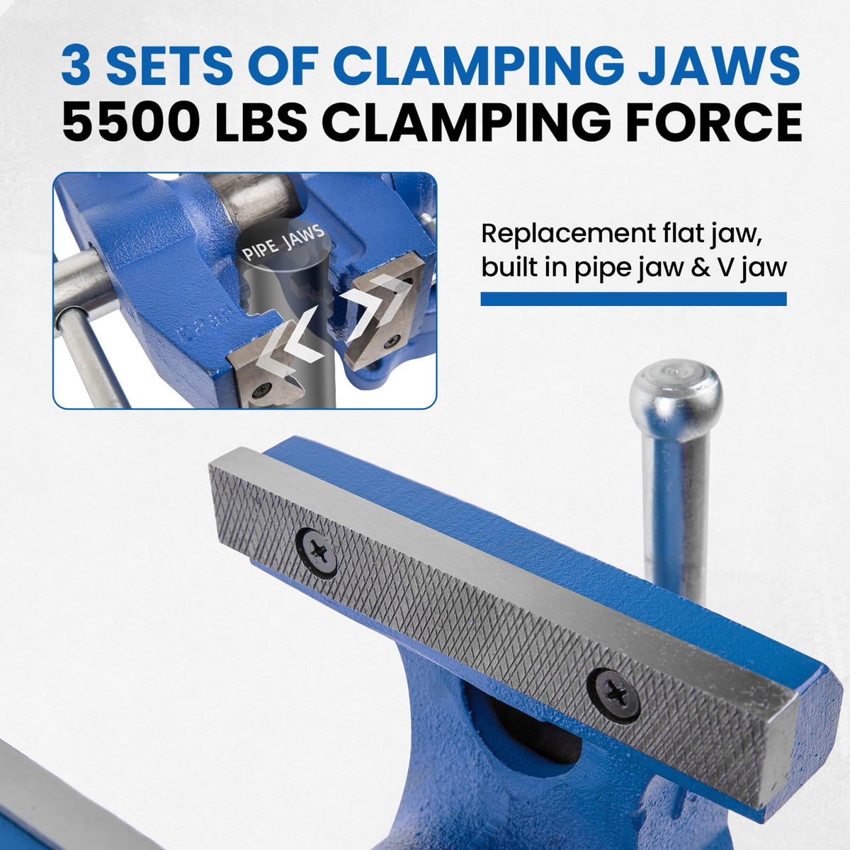 Forward DT08125A replaceable top jaws improve grip on varied materials.