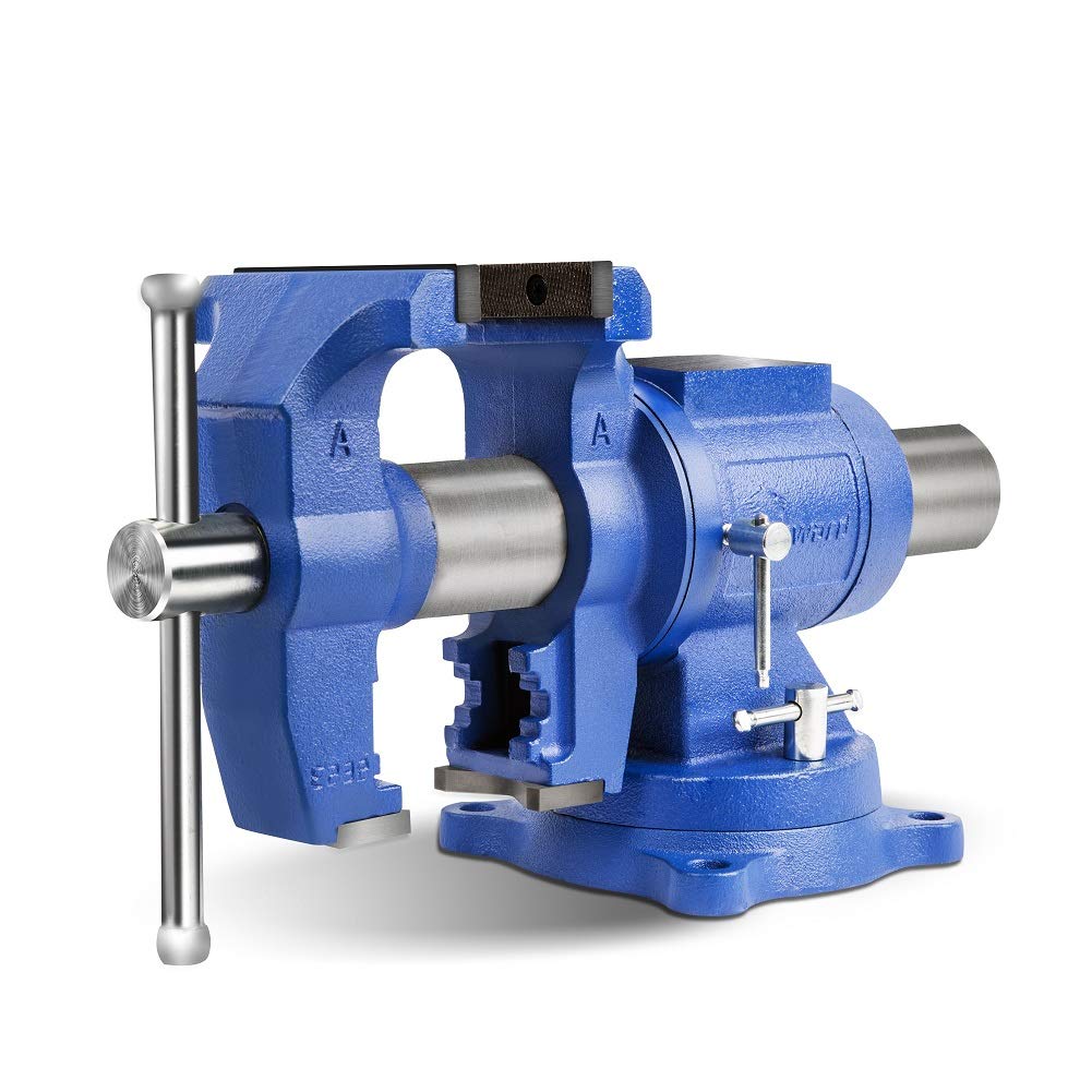 Forward DT08125A 5-inch bench vise front view shows solid clamping for precise work.