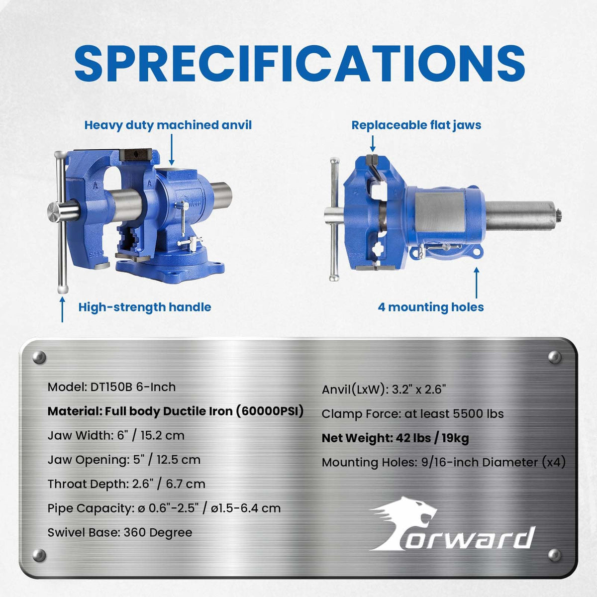 Forward HY-DT150B 6in vise pipe jaws installed for round stock.