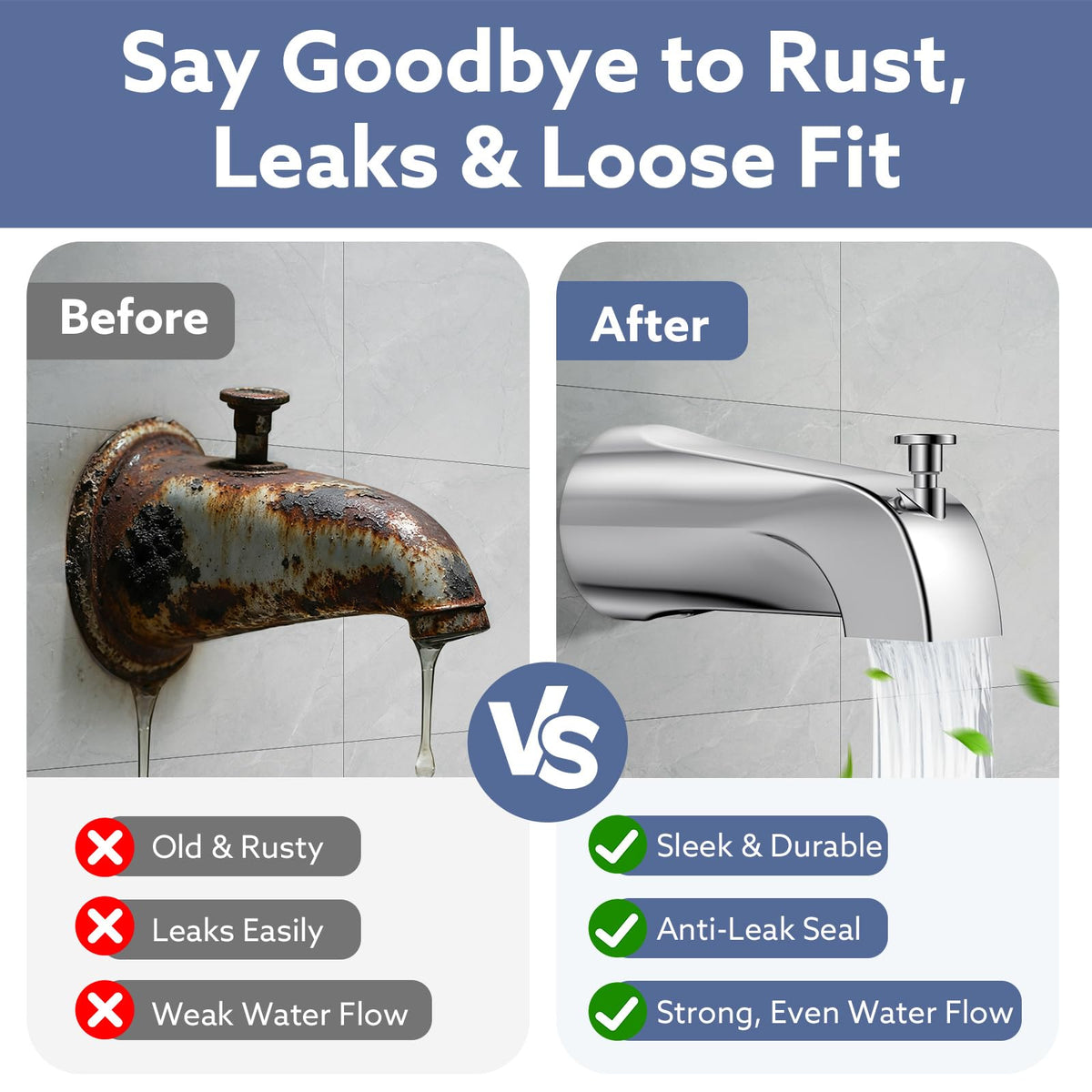 Fosenlion durable brushed chrome spout withstands humid bathroom conditions.