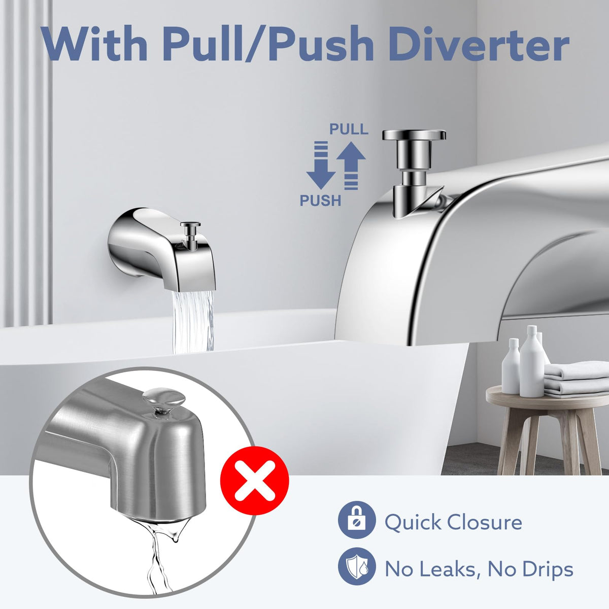 Fosenlion front pull down diverter in action for smooth tub to shower switching.