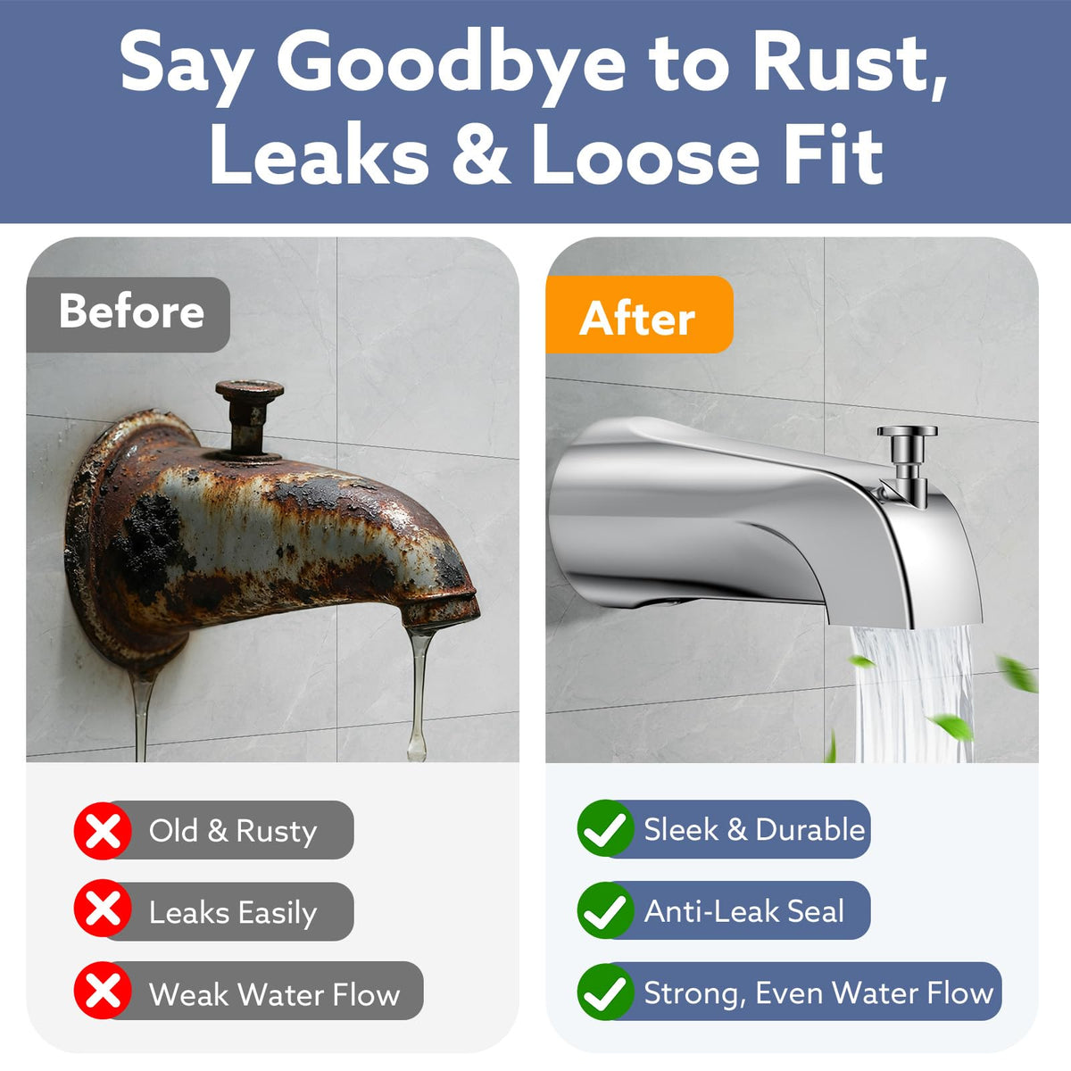 Fosenlion tub spout with IPS thread adapters enabling secure connections without guessing.