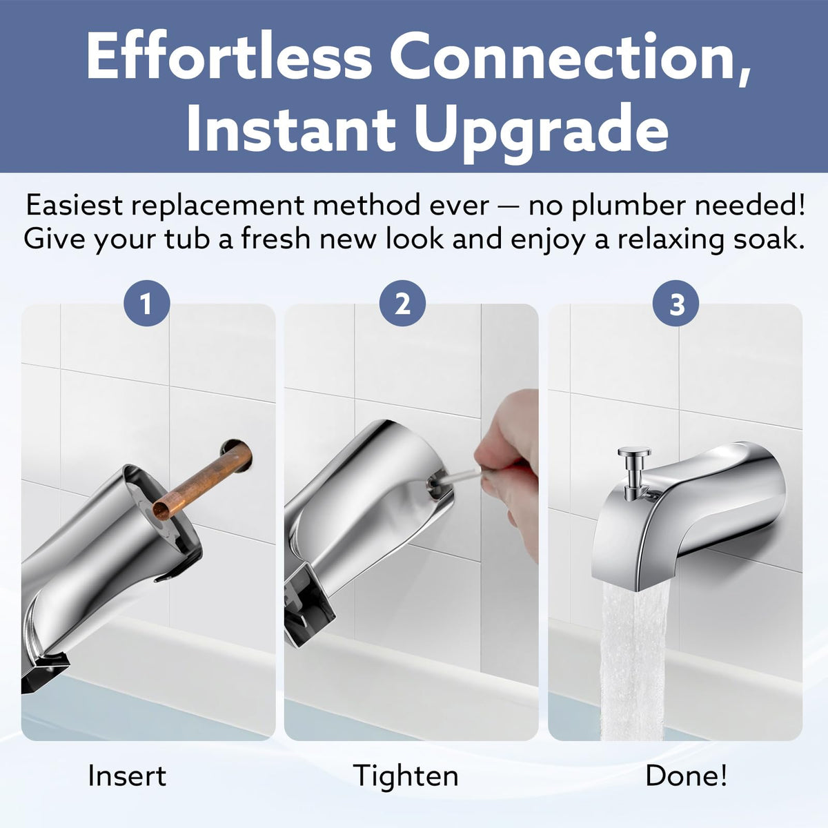Fosenlion universal chrome bath spout adds modern look.