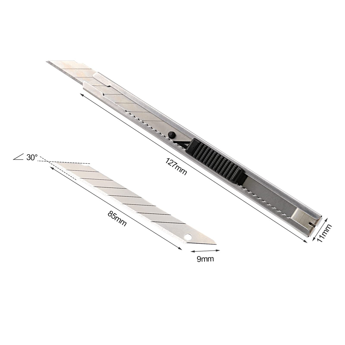 Safety button enables blade length adjustment for controlled exposure