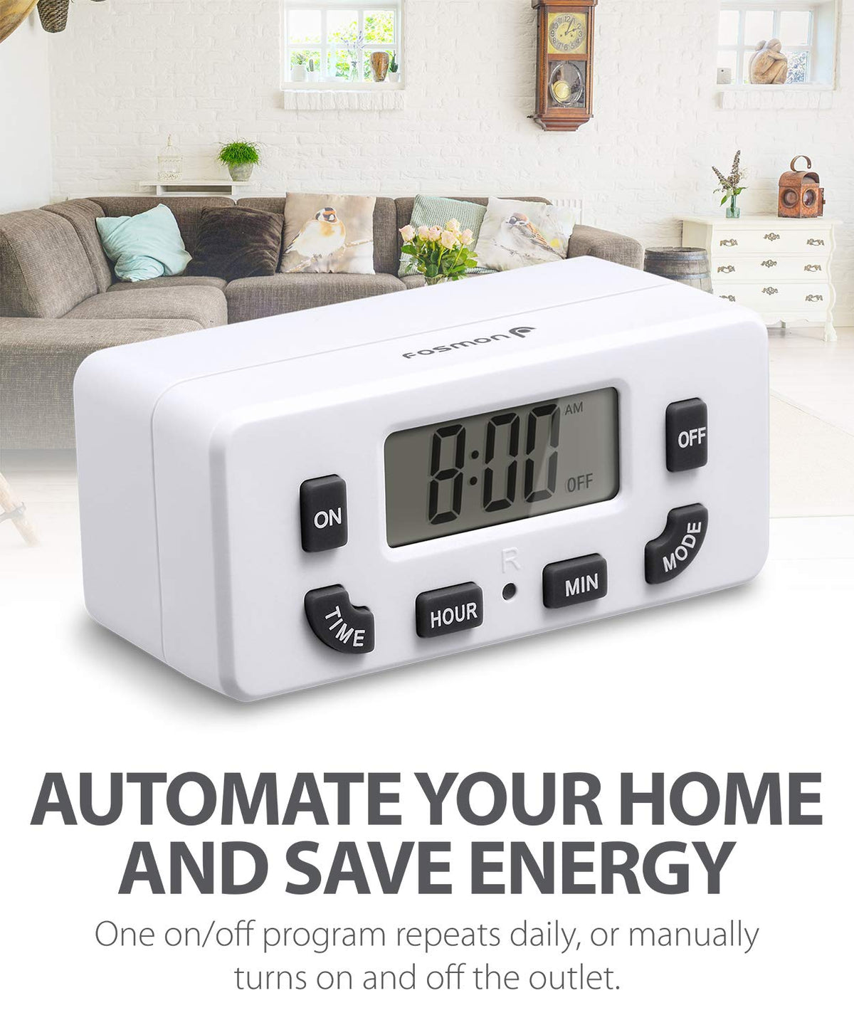 Fosmon digital timer programming setup for easy scheduling.