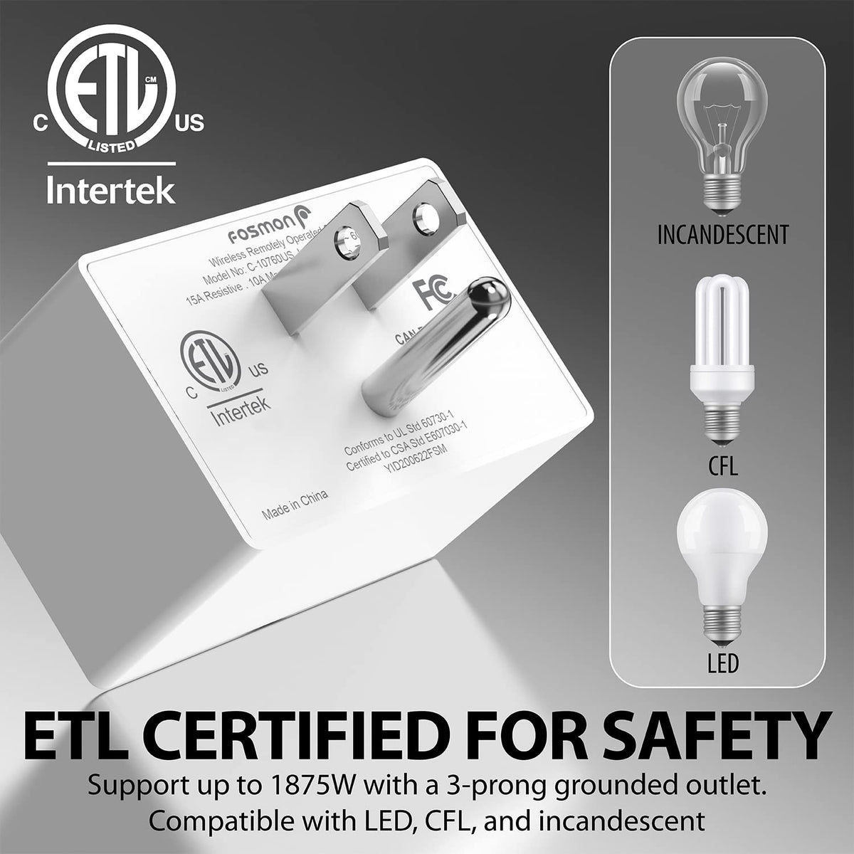 Fosmon ETL-certified outlet with grounded protection for safety.