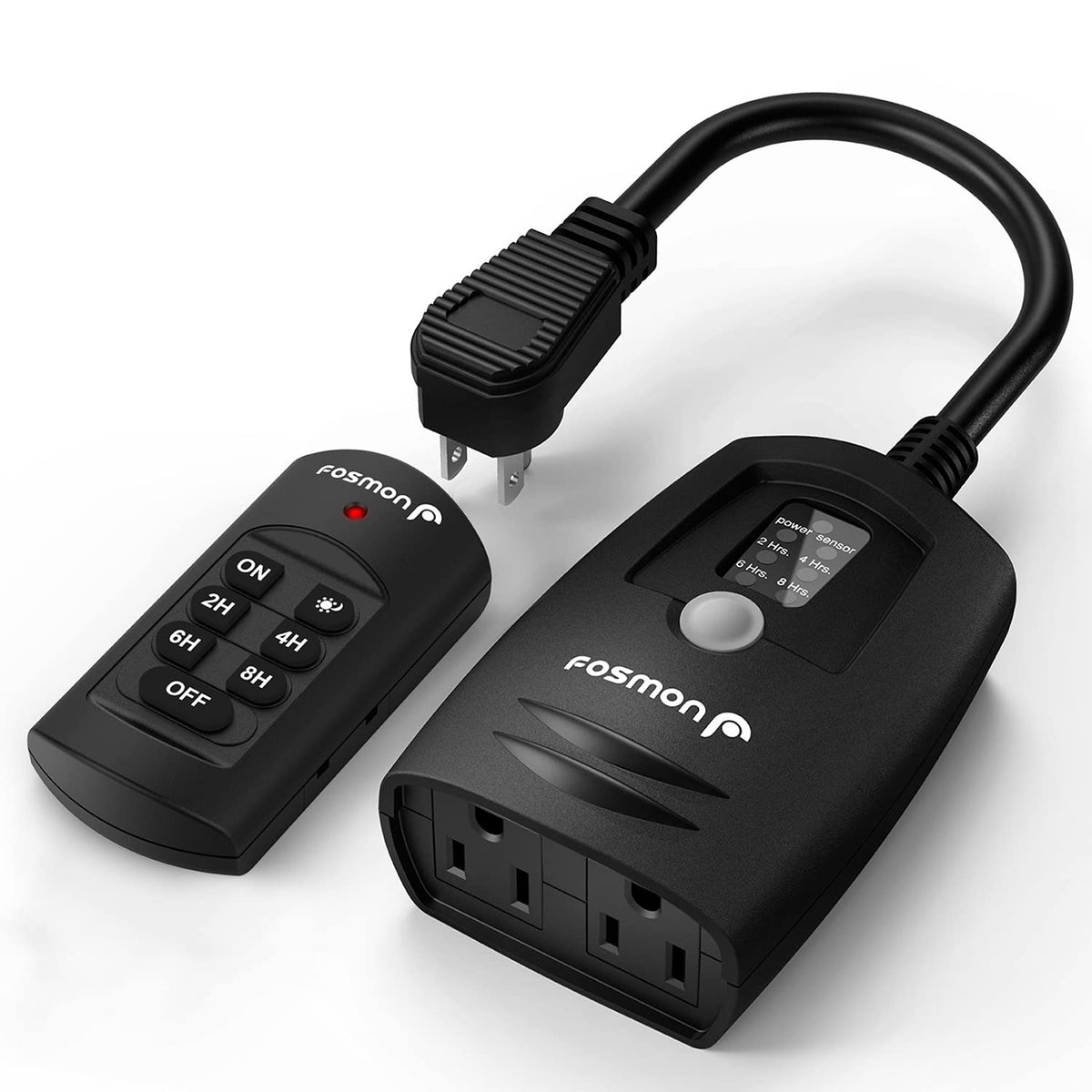Fosmon outdoor light timer outlet with remote control for exterior scheduling.