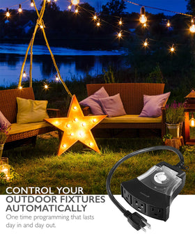 Fosmon timer installed outdoors delivers convenient scheduling for garden lights.