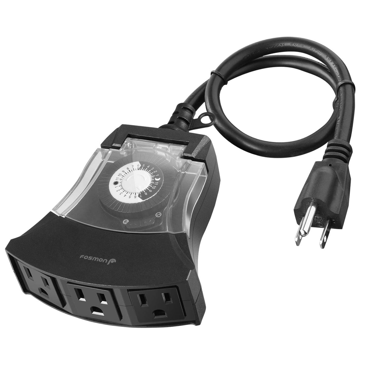 Fosmon Outdoor Timer outlet front view highlights weatherproof design for exterior lights.