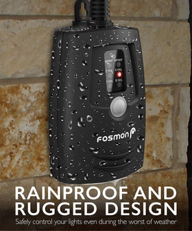 Fosmon timer with waterproof rugged casing endures rain and wind.