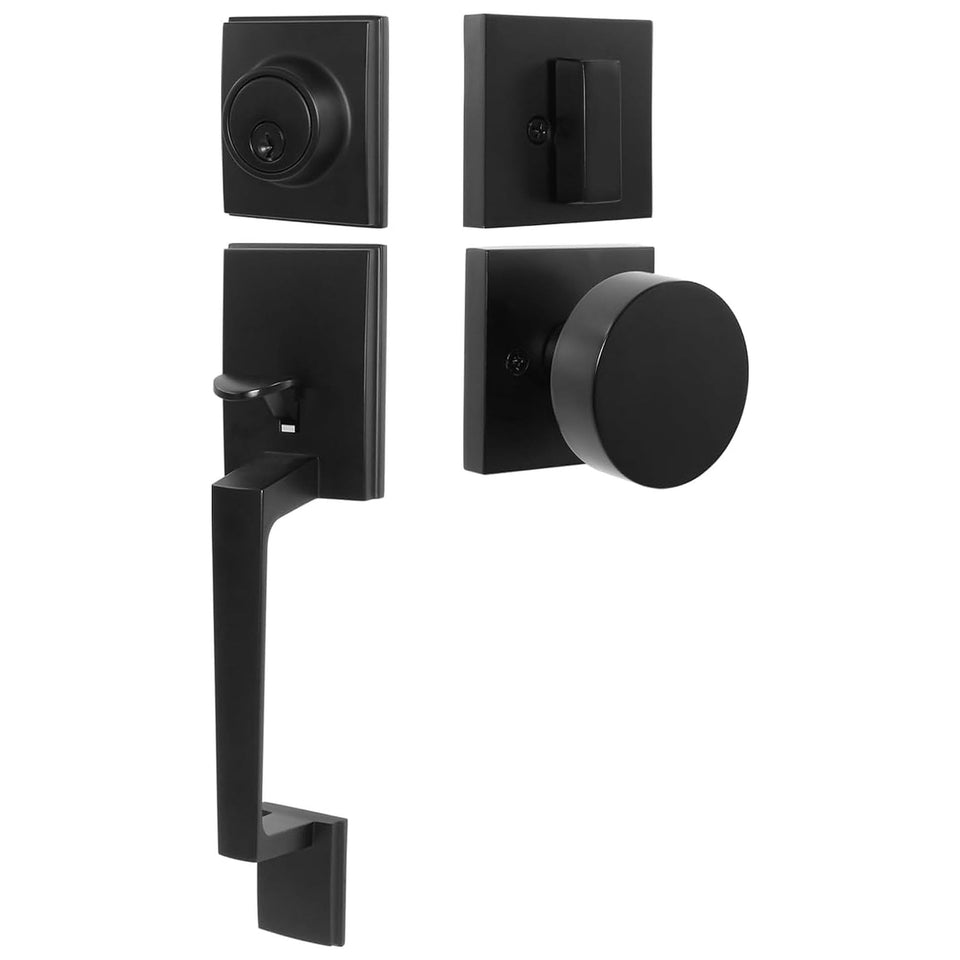 Foswdero front door lock set closeup with black finish and solid zinc alloy core for exterior doors.
