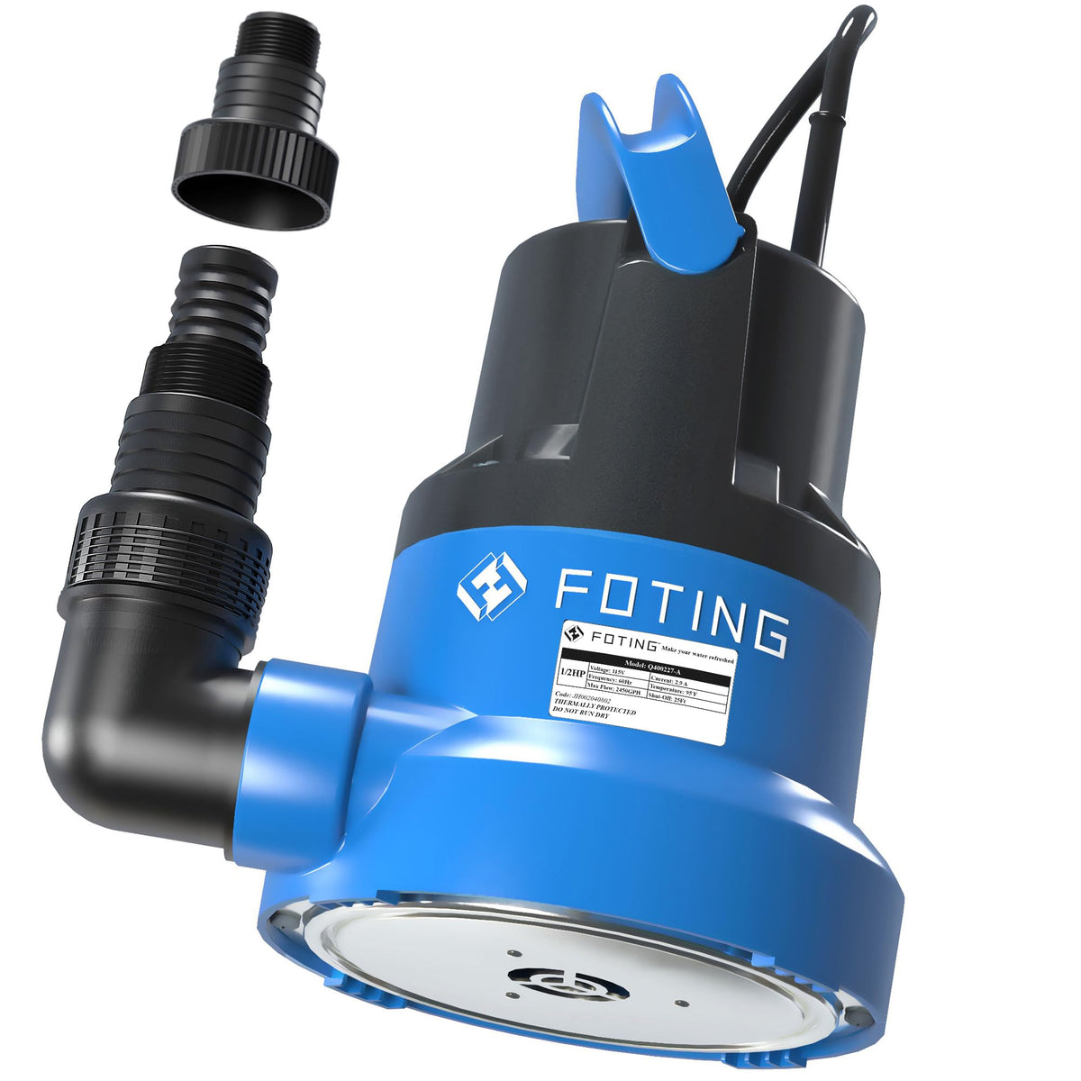 FOTING 1/2HP submersible pump with stainless steel base removes water from pools and basements.