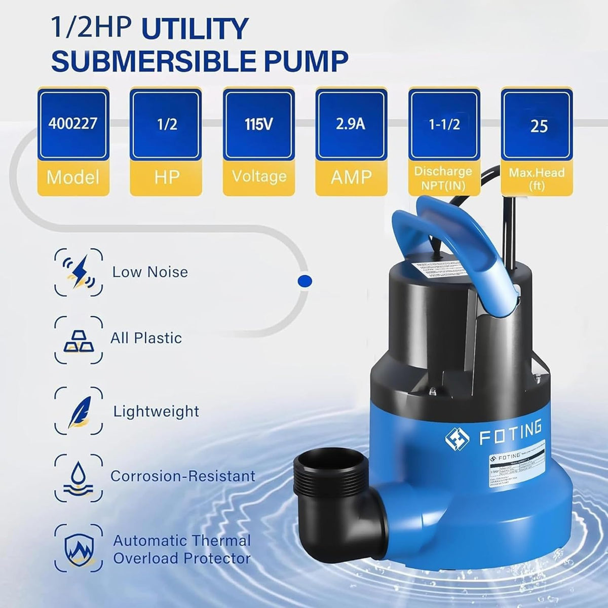 FOTING 2450 GPH flow and 25 ft lift for versatile water removal.