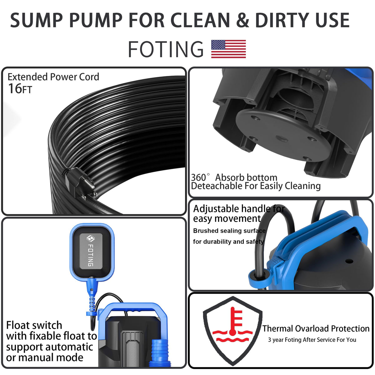 16 ft grounded cord of the FOTING sump pump