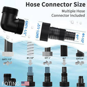 FOTING includes 3 adapters for garden hoses and NPT fittings.