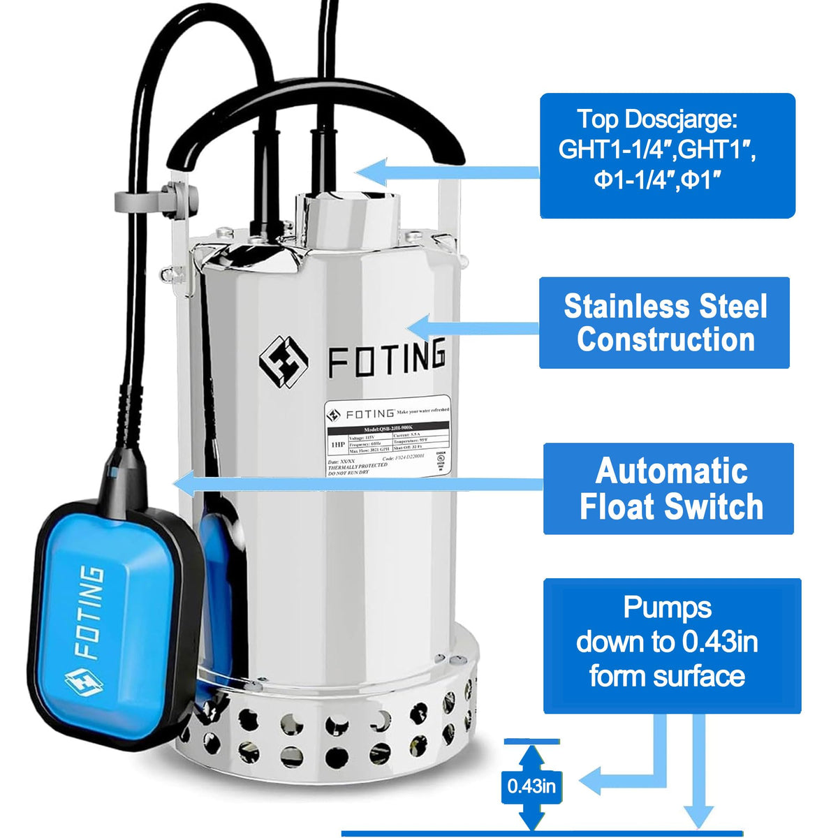 FOTING 32-foot lift and 4600 GPH power for fast drainage.