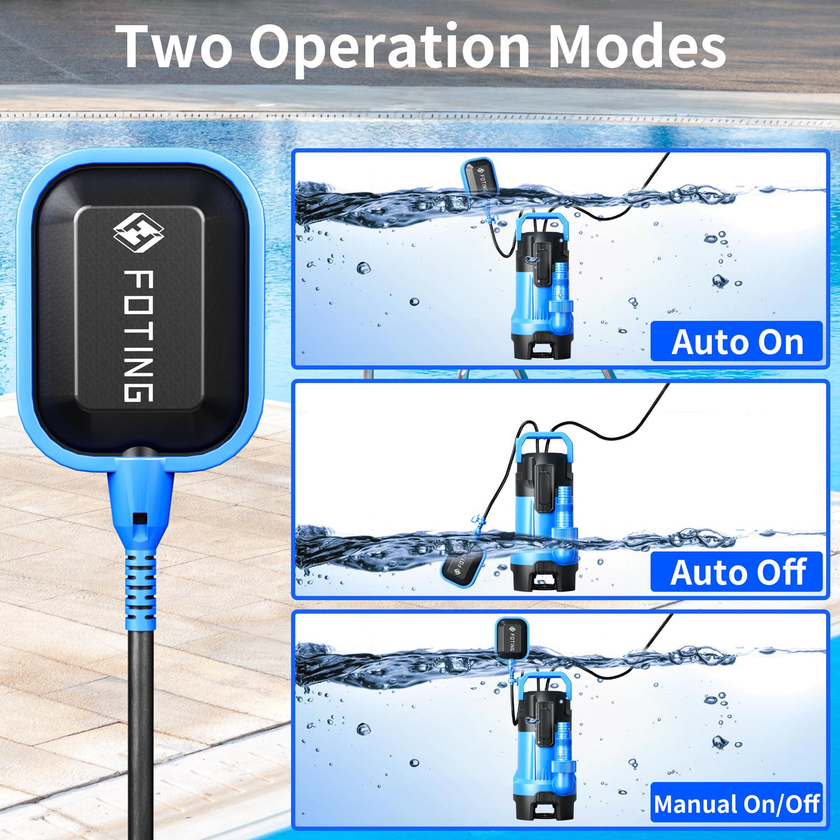 FOTING float switch in automatic mode for hands-free water control.