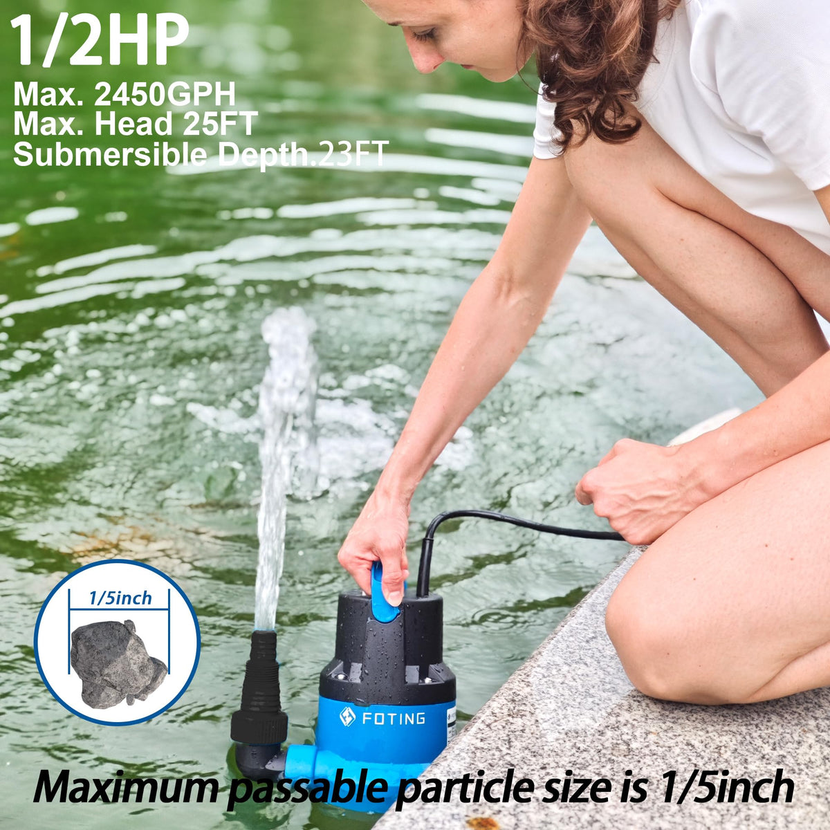 FOTING portable sump pump weighs 8.5 pounds for easy transport.
