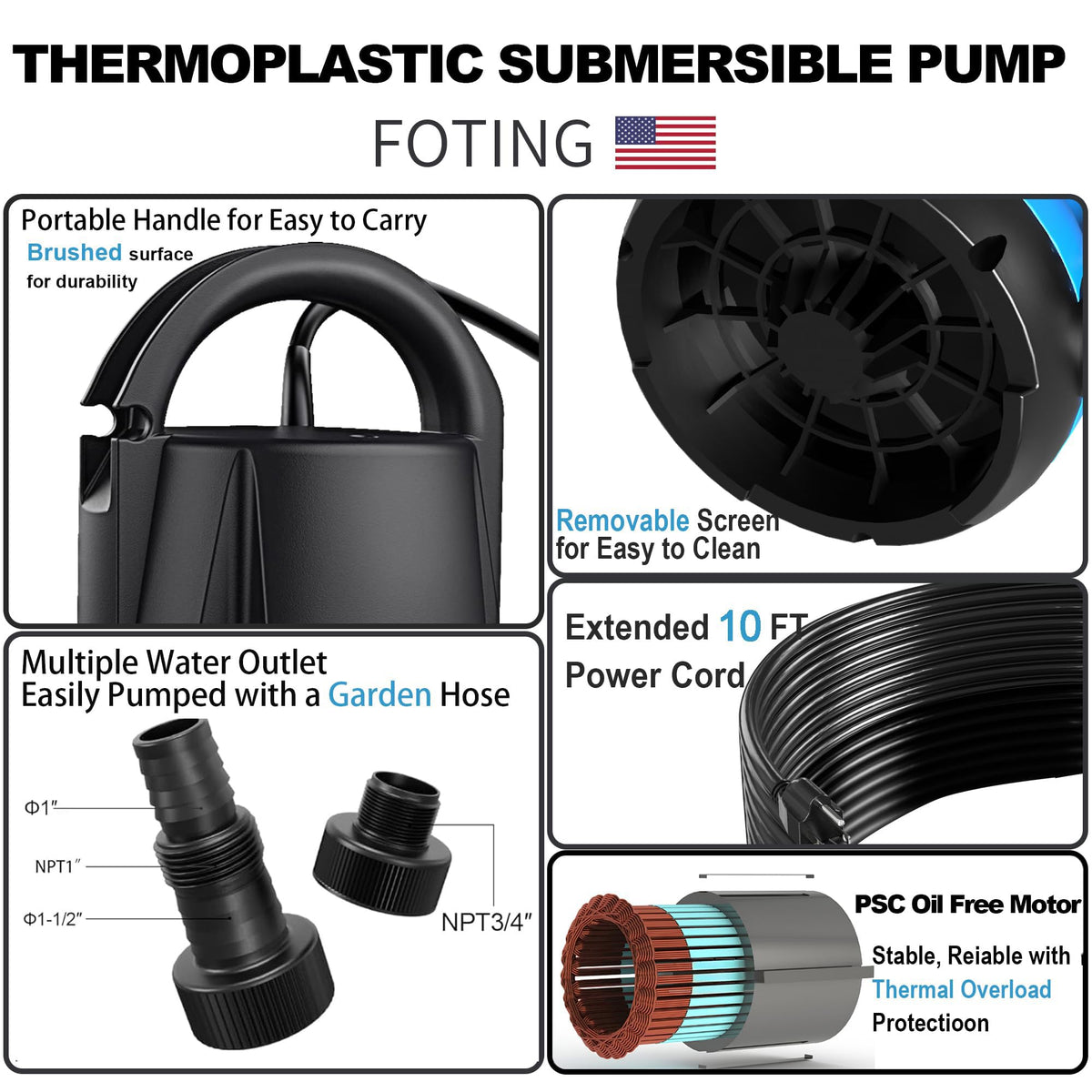 FOTING sump pump with a 10ft cord for flexible placement