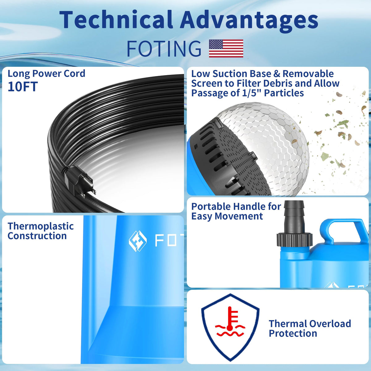 Bottom-screen filter on the FOTING Sump Pump helps debris-free operation