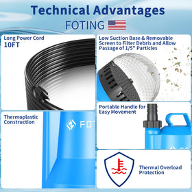 Bottom-screen filter on the FOTING Sump Pump helps debris-free operation
