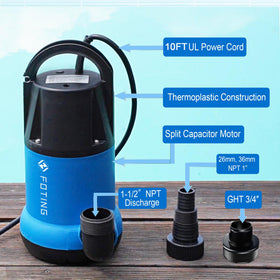 FOTING sump pump includes adapters for multiple discharge sizes