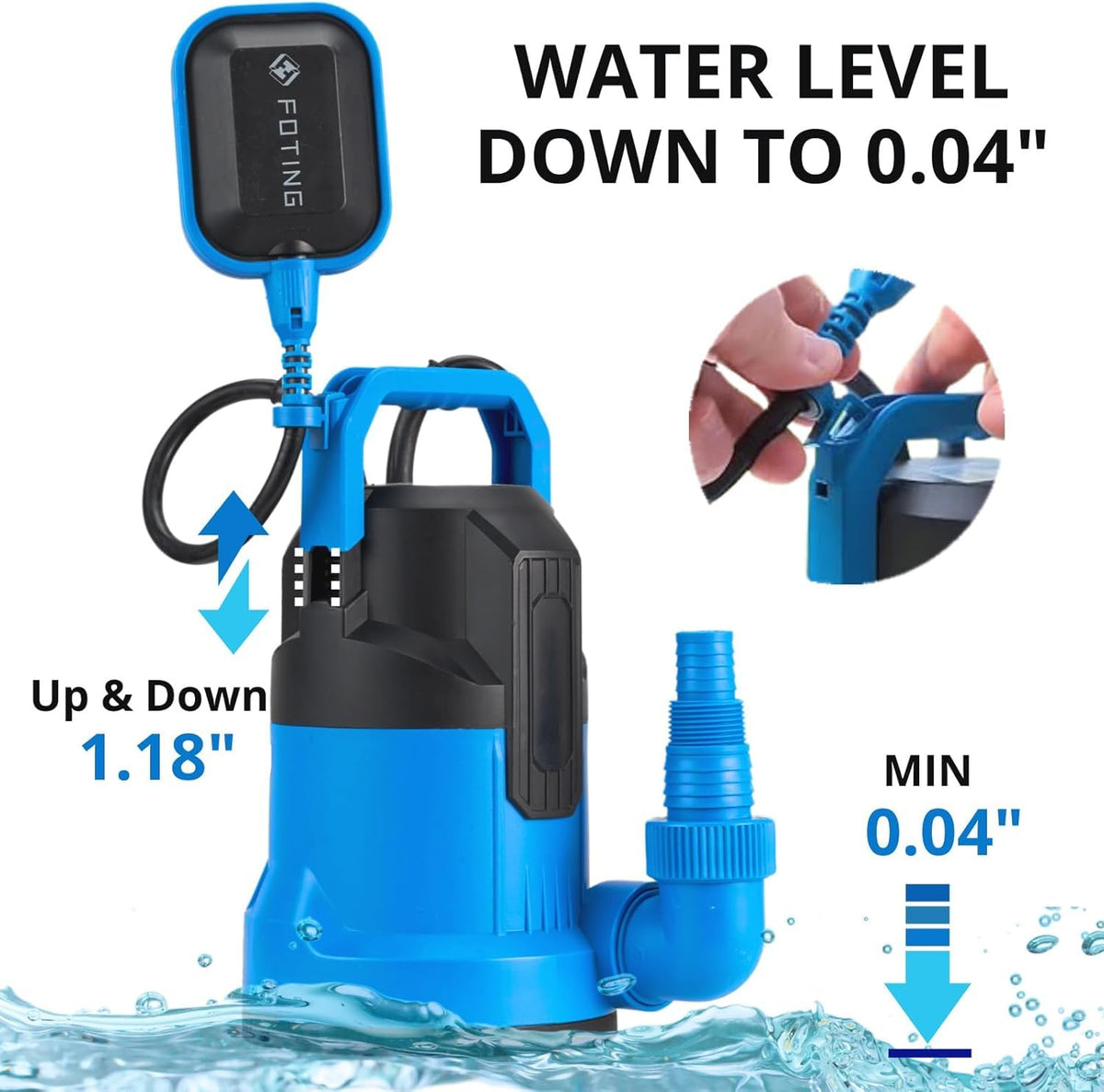 FOTING sump pump with versatile discharge ports and hose connections
