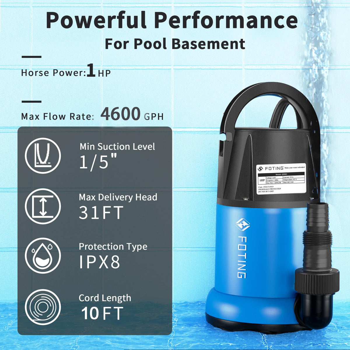 FOTING sump pump drains a pool quickly and effectively
