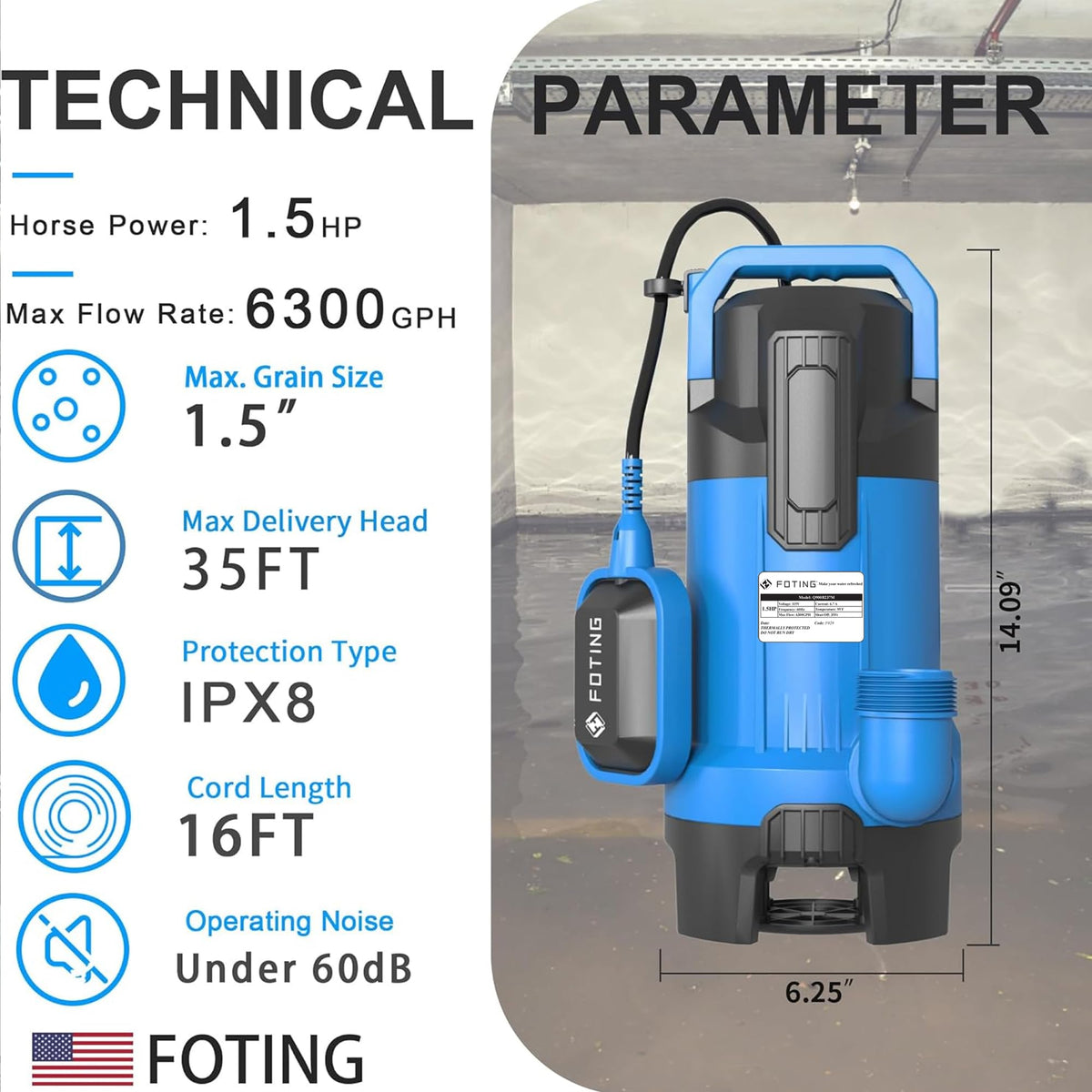 FOTING float switch enables automatic or manual drainage control.