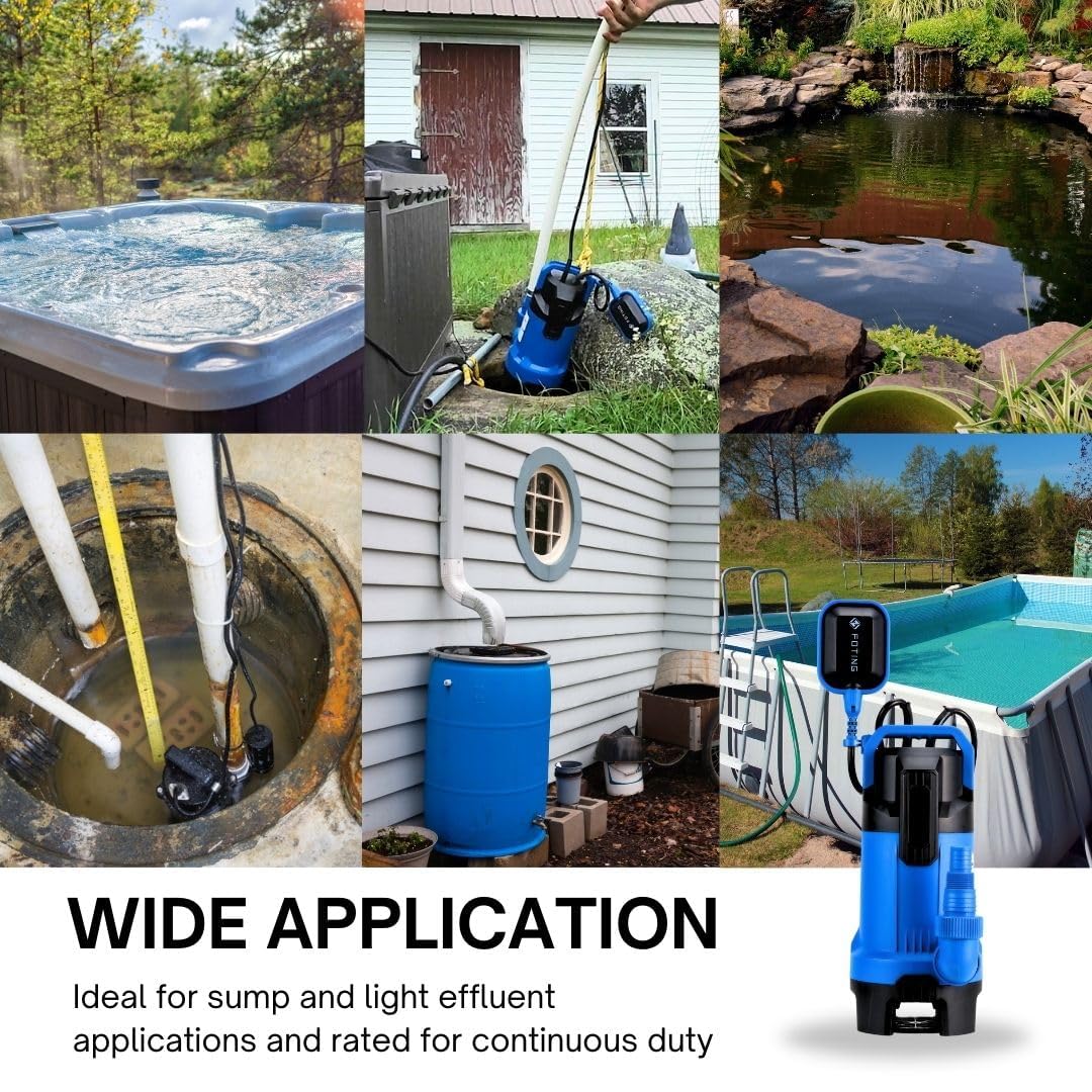 FOTING sump pump in use draining pool or basement for rapid cleanup.