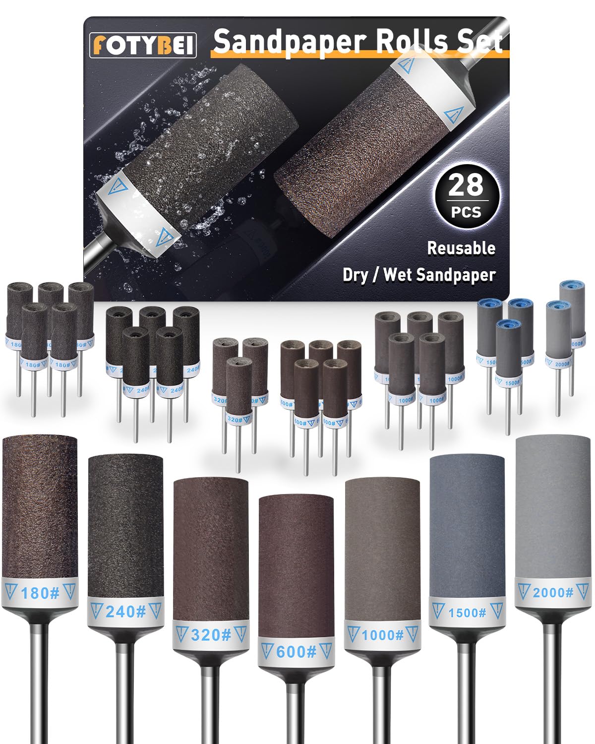 FOTYBEI 28pcs sanding drums set for Dremel with diverse grits and durable build.