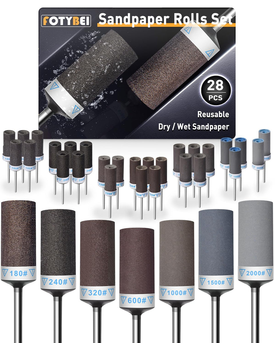 FOTYBEI 28pcs sanding drums set for Dremel with diverse grits and durable build.