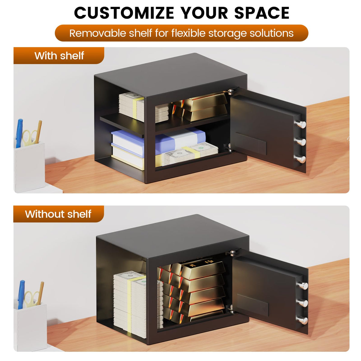 FOWORE Home Safe Box interior with removable shelf for organized storage