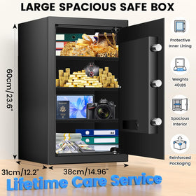 FOWORE safe box door open showing adjustable shelves for valuables.