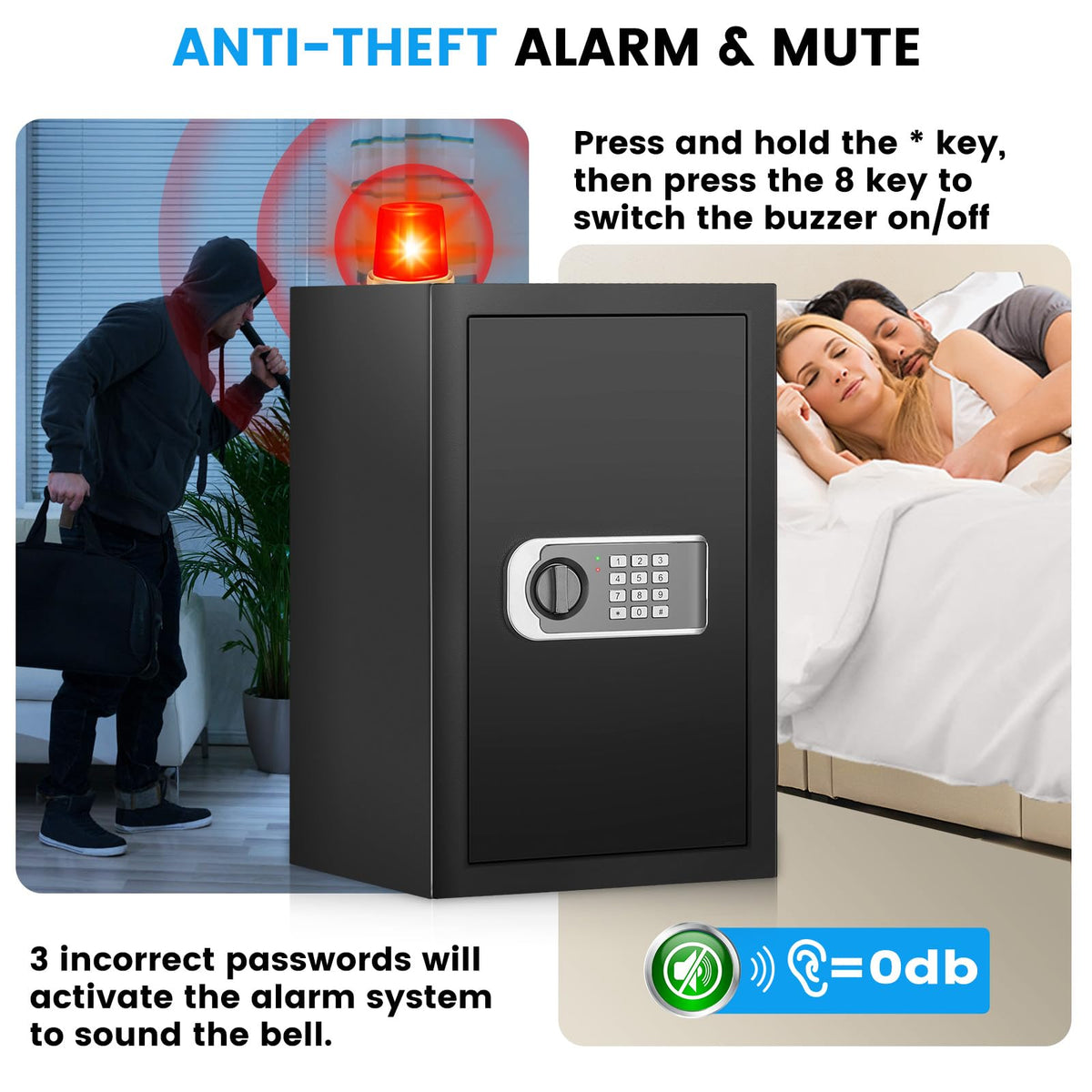FOWORE Safe Box burglar alarm activated to deter unauthorized access