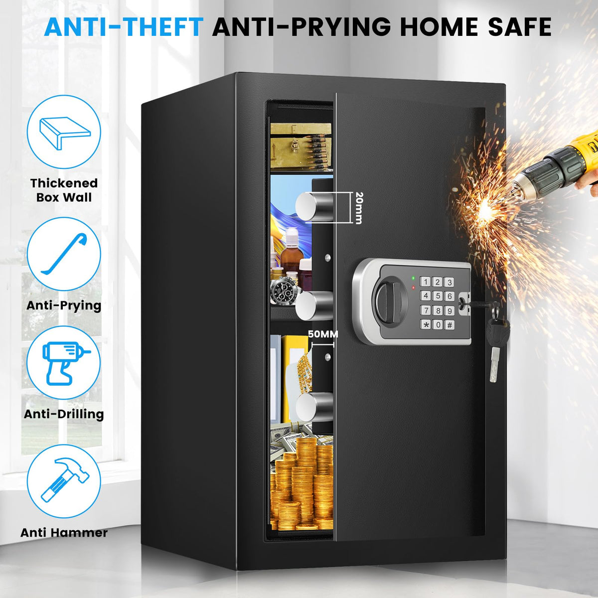 FOWORE Safe Box three locking bolts demonstrate robust security against tampering
