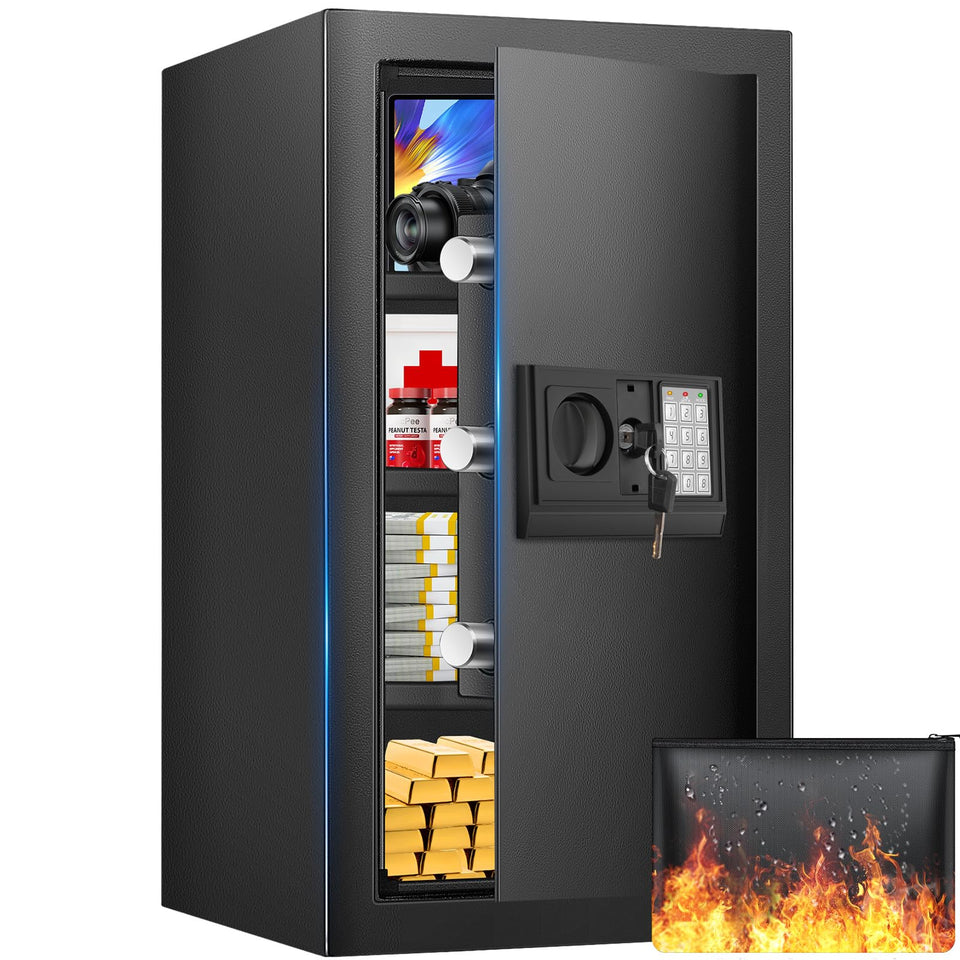 FOWORE tall safe box front view with sturdy steel construction and secure locking bolts.