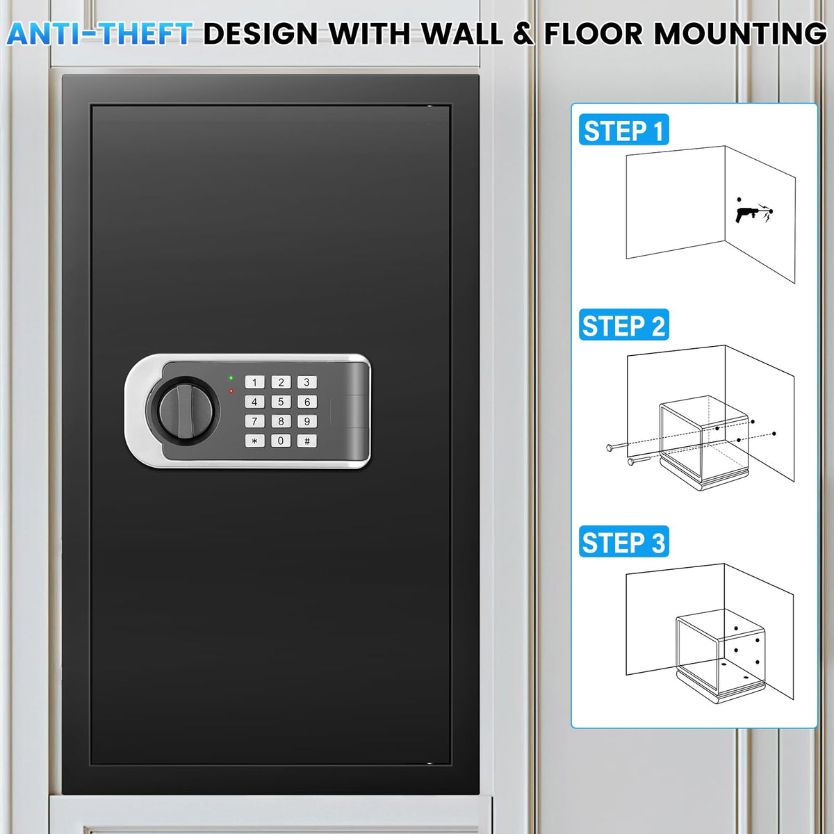 FOWORE safe mounted to wall or floor using predrilled holes
