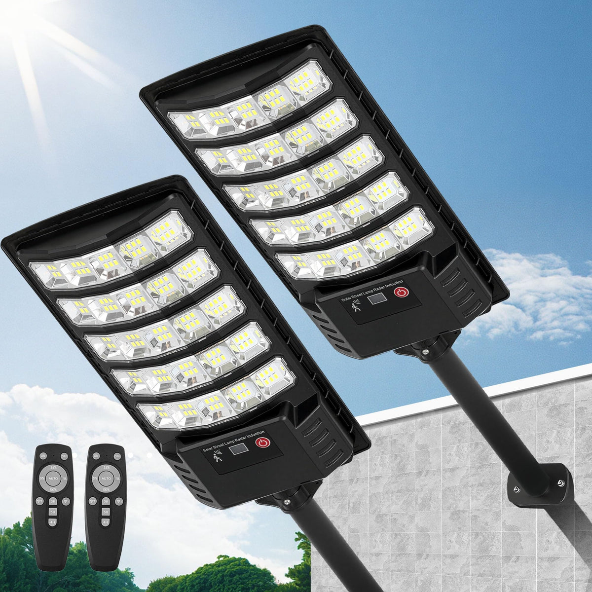 FOWSEEK solar street light front-view brightens yards and walkways.