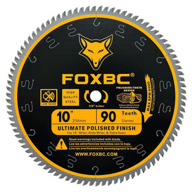 FOXBC 10-inch saw blade with 90 teeth delivering a polished finish for woodwork.