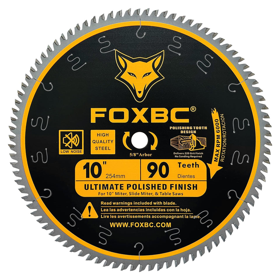 FOXBC 10-inch saw blade with 90 teeth delivering a polished finish for woodwork.