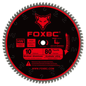 FOXBC 10-inch blade close-up showing burr-free 80-tooth TCG for precise cuts