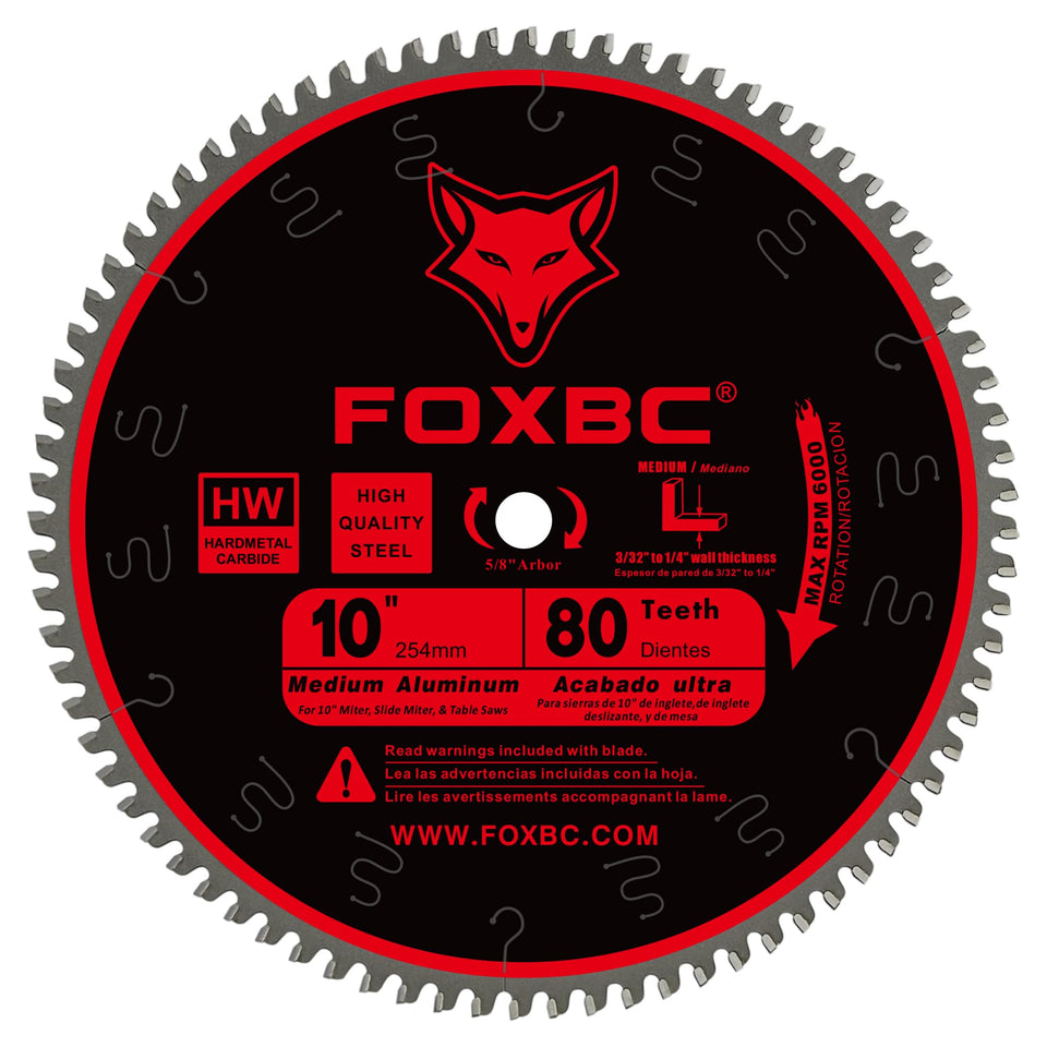FOXBC 10-inch blade close-up showing burr-free 80-tooth TCG for precise cuts