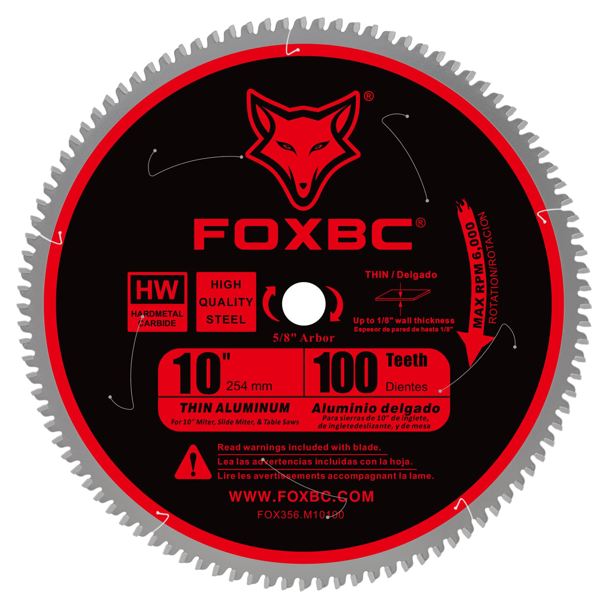 FOXBC 10-inch blade with 100-tooth TCG for precise aluminum cuts.