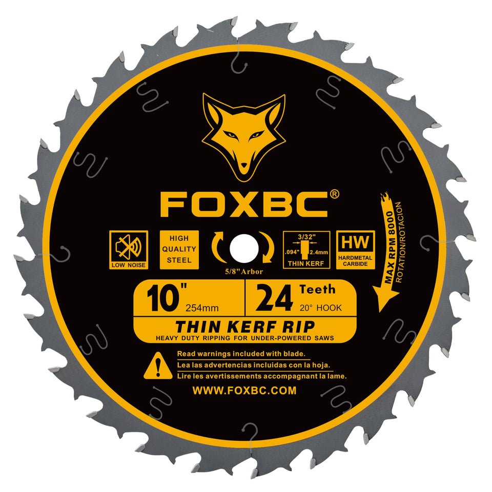 FOXBC 10-Inch thin kerf ripping blade viewed from top for precise rips