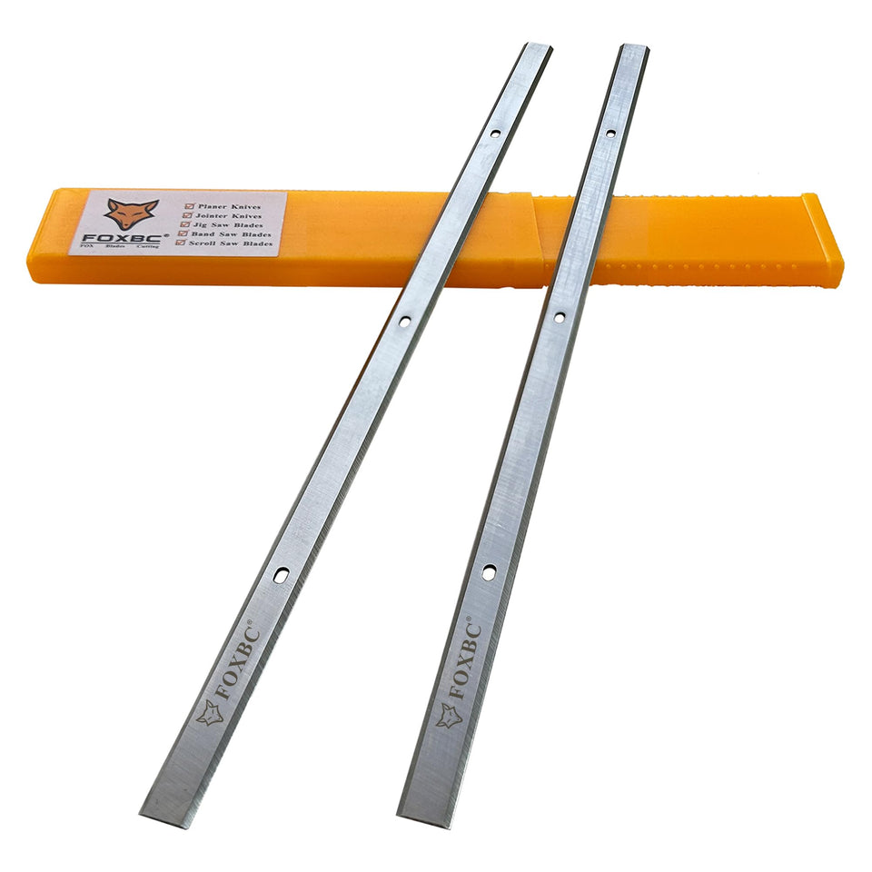 FOXBC 12-1/2-inch planer blades ready for Delta cutter-head alignment and clean cuts
